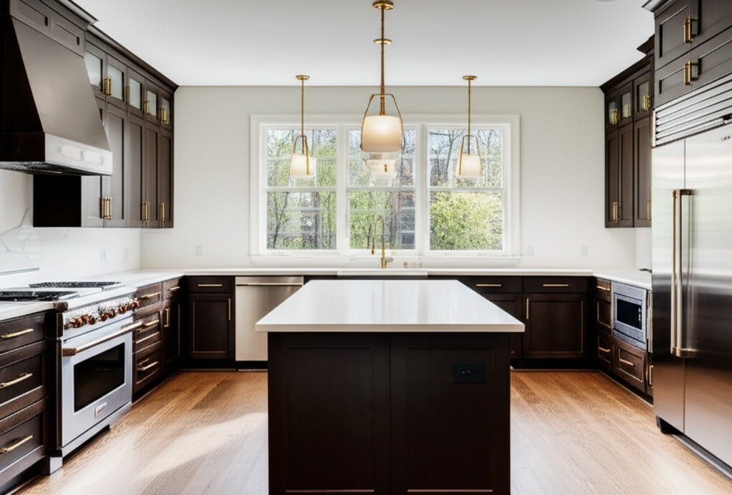 Luxurious modern kitchen remodel in Friendswood with white quartz countertops and gold hardware